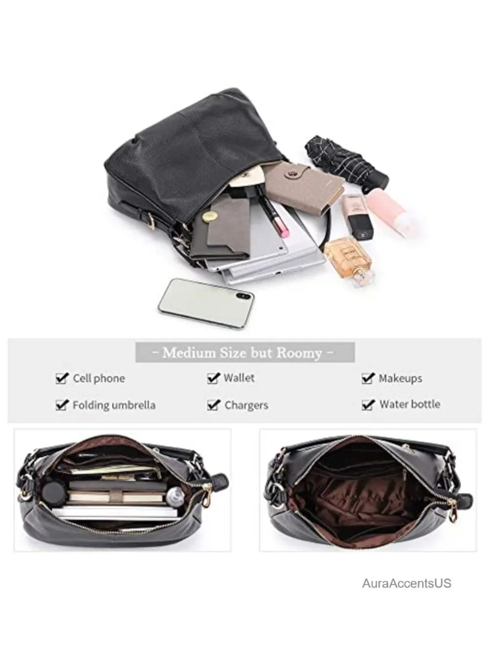 Top Grain Pebbled Cowhide Leather Hobo Bag Adjustable Strap Shoulder Purse